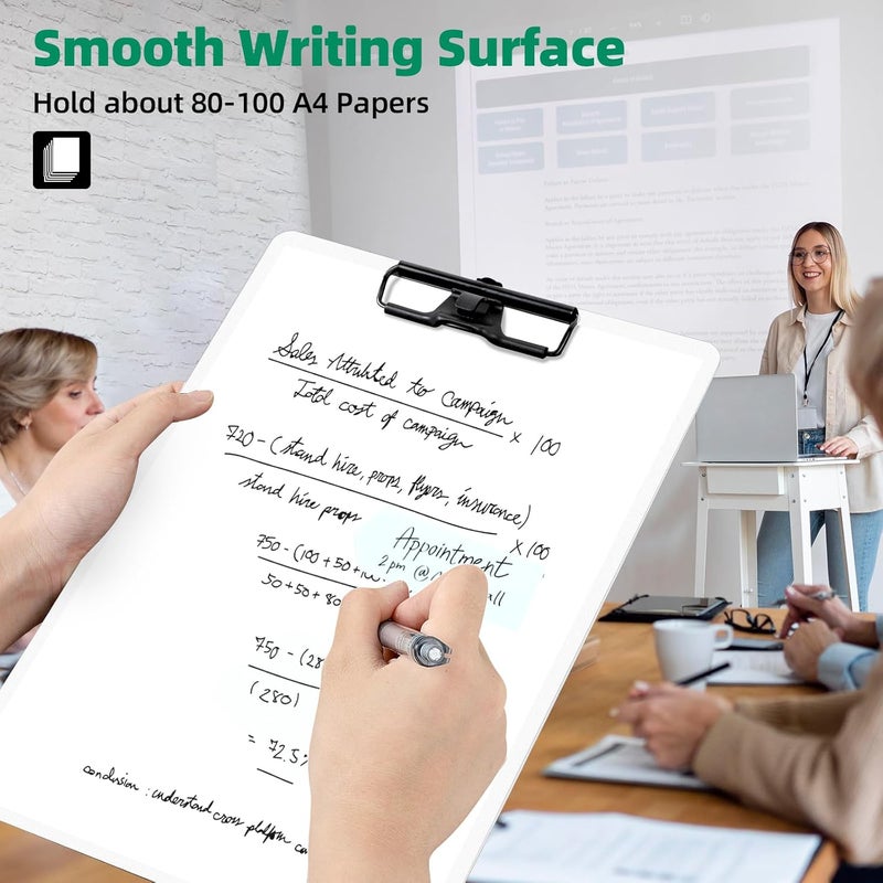 FRETONBA White Clipboard with Pen Holder, 2 Pack Plastic Clipboard with Low Profile Metal Clip, Hanging Clipboards Holds 8.5x11 Inch Papers, Standard A4 Letter Size Clip Board for Office & School - Image 4